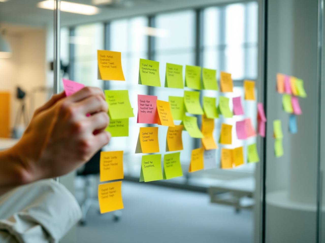 Mapeamento de processos com post-its em quadro de vidro